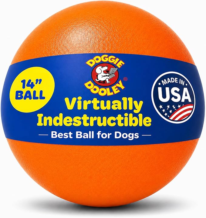 Doggie Dooley Virtually Indestructible Dog Ball - 14 Inch Hard Plastic Interactive Dog Toy for Large Breeds Over 75+ lbs - Built for Herding & Push Play - Floats in Water, Made in USA - Orange