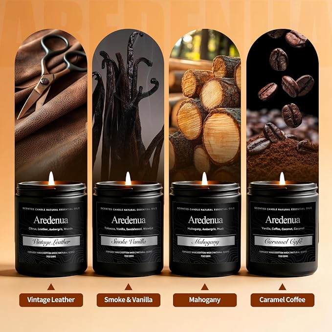 Men’s Candle Set for Men, 4 Pack Masculine Scented Candles – Vintage Leather, Smoke & Vanilla, Mahogany, Caramel Coffee – Soy Candles for Home, Gentlemen Candle Aromatherapy Gift for Him