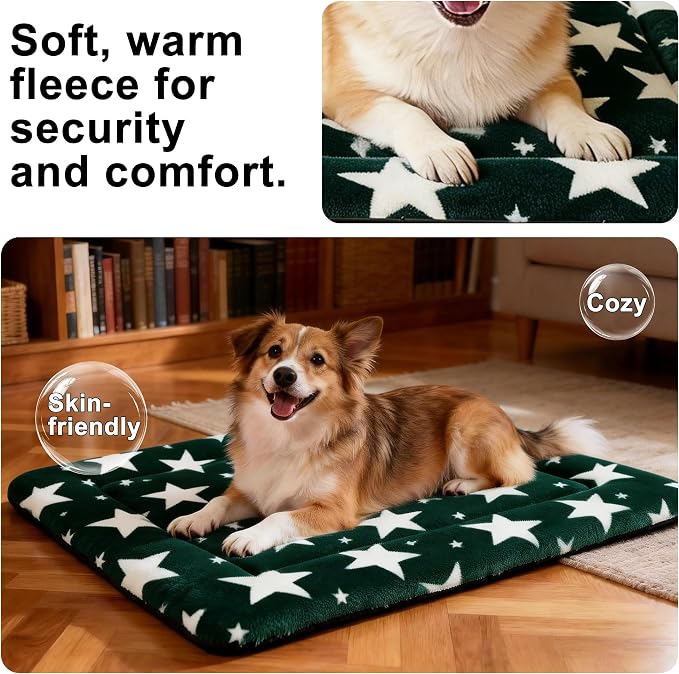 Dog Bed Mat – Soft & Comfortable Dog Kennel Pad for Crate – Durable Crate Bed & Mat for Dogs & Cats – Ideal for Crate, Kennel, and Home Use (Big&Little Stars Green, M(30"*20"*1.5"))