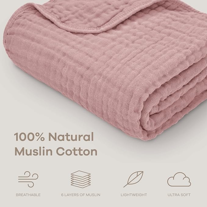 Comfy Cubs Muslin Baby Blanket 40" x 40" L - Swaddle Blankets Mauve | Soft, Lightweight, 6-Layer Cotton Breathable Baby Blankets - Comfortable, Gentle & Versatile Cotton Baby Blankets for Sleep