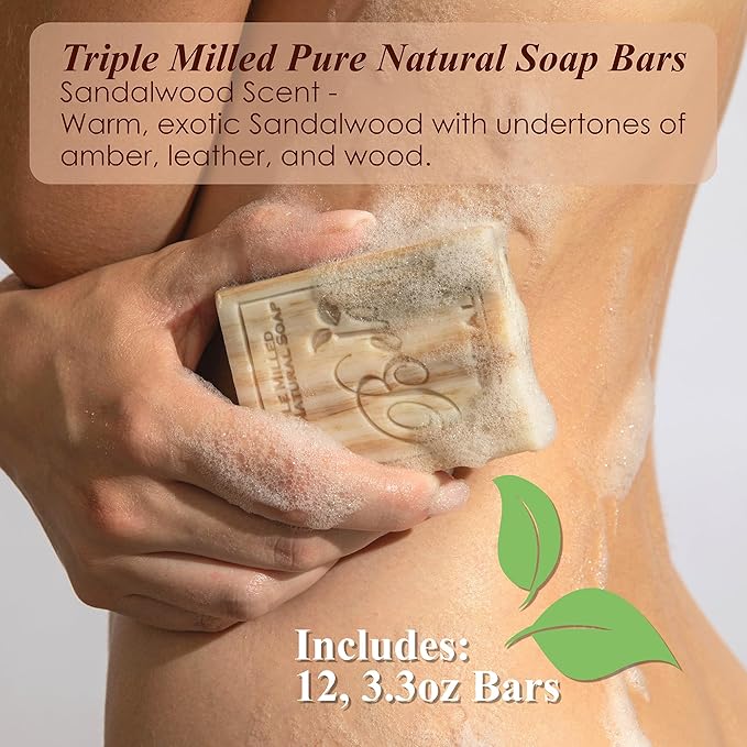 BELA Sandalwood Soap 3.3 OZ, Pack of 12 French Triple Milled Bar Soap with Organic Shea Butter, Hand, Face and Body Wash Bar, Made in Australia