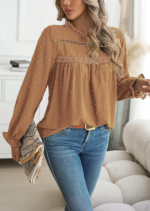 Womens Boho Tops Long Sleeve Shirts For Women Cute Crewneck Blouse Dressy Casual Swiss Dot Crochet Hollow Top 2026