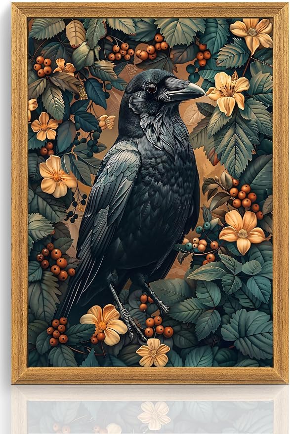 ICHZUMW Framed William Morris Raven Dark Academia Canvas Wall Art 16x24 In | Gothic Dark Cottagecore Crow Painting, Moody Floral Wall Decor for Bedroom Living Room Bathroom Office, Ready to Hang