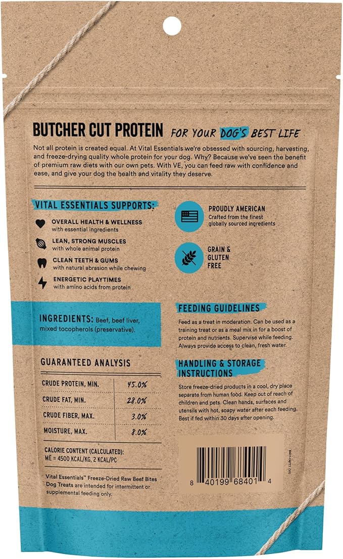 Vital Essentials Freeze Dried Dog Treats, Beef Bites, 2.5 oz Bag | Single Protein, Made With Beef & Liver, Premium Quality Protein, Grain-Free Training Treats