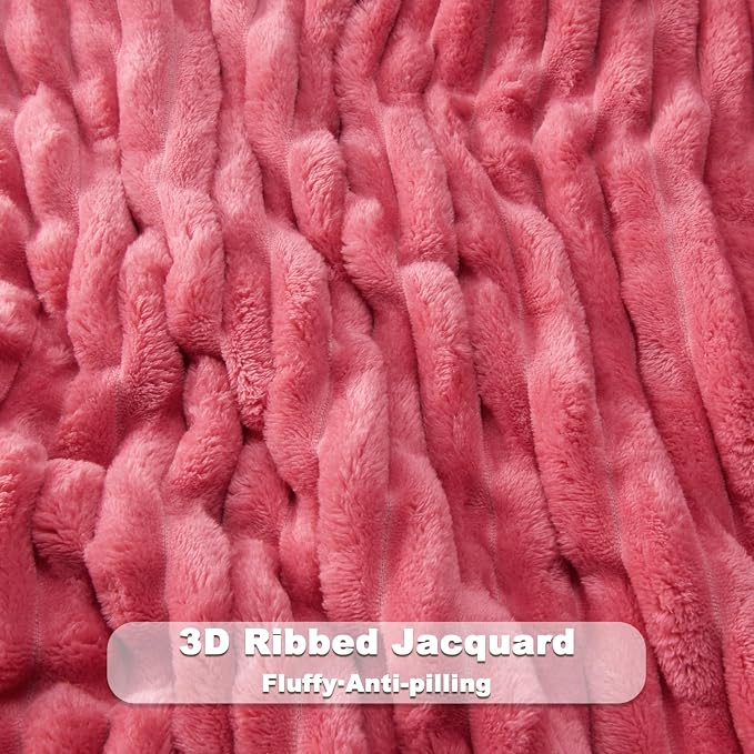 NEWCOSPLAY Fleece Ribbed Cozy Queen Blanket for Couch, Coral Pink, 90"x90" | Premium Silky Flannel Blanket, Soft Lightweight Fluffy Throw Blanket for Bed Sofa Decor, Gift for All Season Use