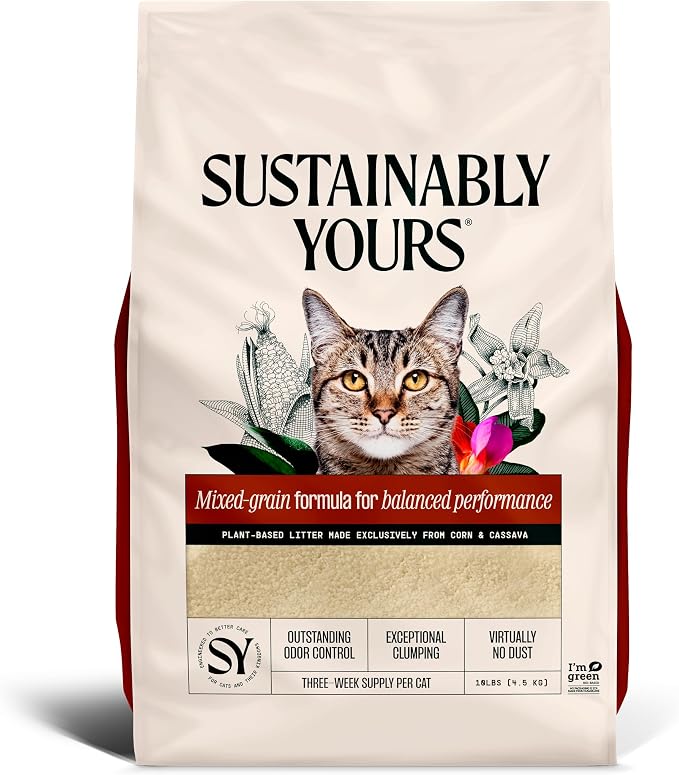 Sustainably Yours Natural Cat Litter, Mixed-Grain Formula, Exceptional Clumping & Odor Control, Virtually No Dust, Easy to Scoop, Corn & Cassava Plant-Based, Unscented, 10 lbs