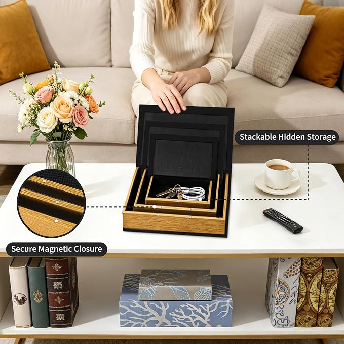 Jolitac Decorative Book Boxes, Faux Linen & Wood, Set of 3 | Stackable hidden storage containers, handcrafted, for coffee table, shelf decor, remotes & jewelry