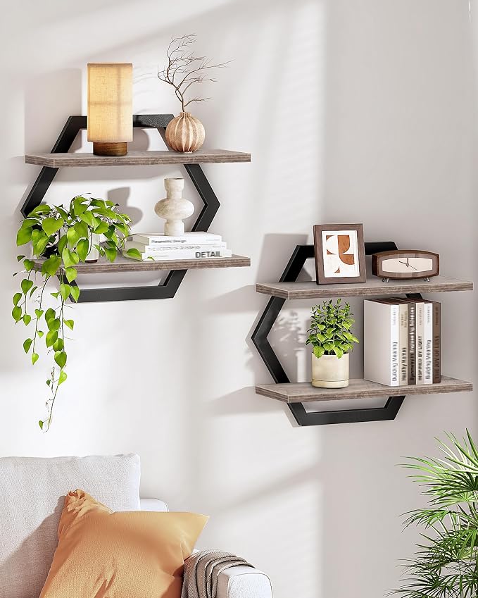 Hexagon Floating Shelves for Wall, Set of 2, 2 -Tier Hanging Shelves, Wall Mounted Storage Shelves, for Living Room, Bedroom, Kitchen, Home Office, Study, Greige TBJ06P2BG