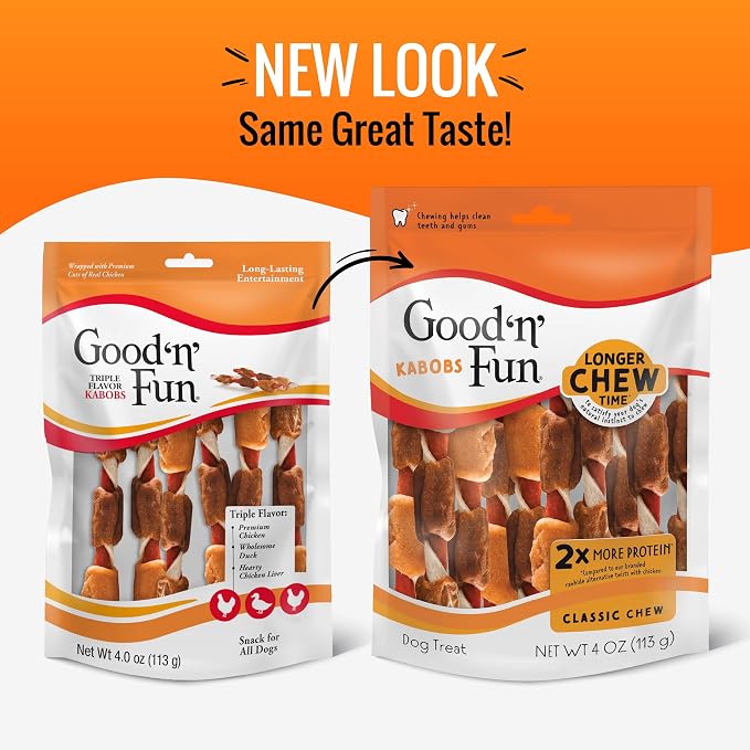 Good 'n' Fun Kabobs Long-Lasting Dog Treat Made With Real Protein, 4 oz | Premium Chicken, Pork and Beef Hide Chew, Supports Dental Health and Mental Stimulation, For Adult Dogs