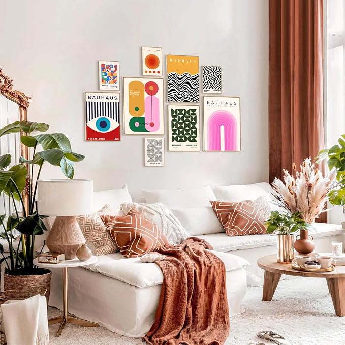 KBKBART 9PCS Eclectic Wall Art Decor, Modern Maximalist Wall Prints for Bedroom, Bauhaus Posters for Room Aesthetic, Retro Abstract Wall Collage Kit for Living Room, Funky Dorm Gallery Home Decor