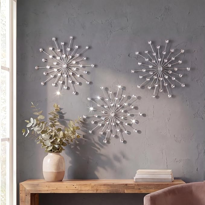 ZEXUIRU 3 Set Silver Starburst Wall Art for Home Decor Metal Bling Crystal Rhinestones Sunburst Wall Decor Sparkling Rhinestone Art Accent Silver - 13in