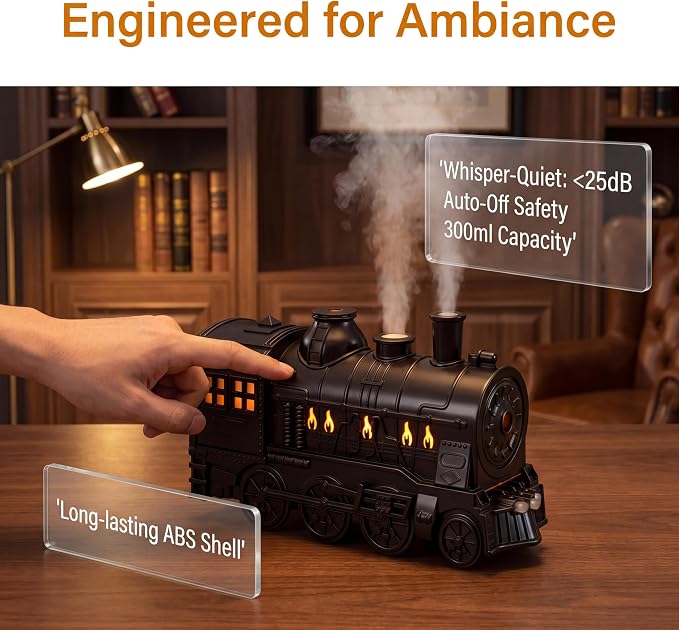 Train Diffuser 300ML Essential Oil Diffuser Ultrasonic Cool Mist Humidifier with LED Night Light, Remote Control, Timer, 2 Mist Modes for Home Bedroom Office Black