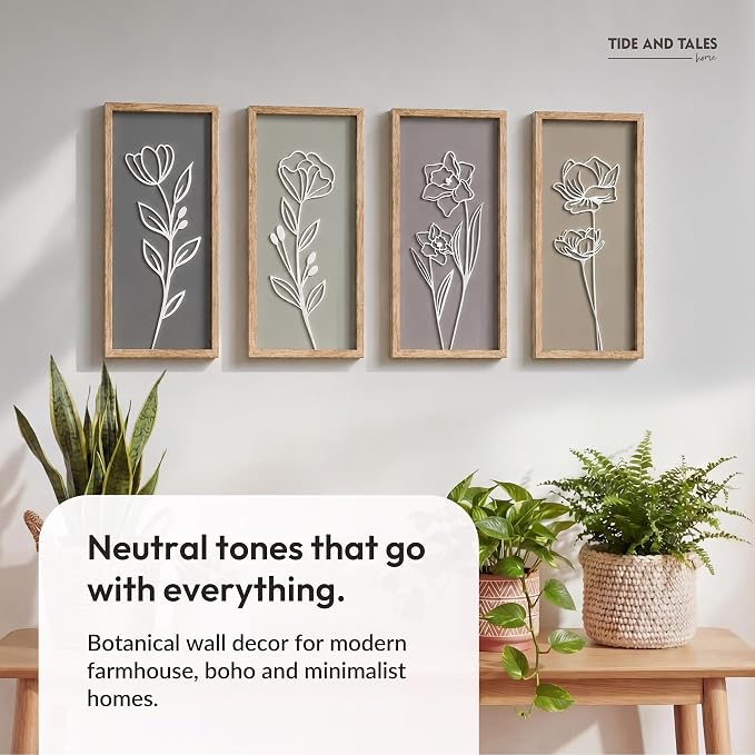 Tide and Tales 3d Framed Wall Art, Set of 4, Floral Boho Wall Decor | 7" x 16", Lightweight, Wooden, Ready-to-Hang Wall Decor for Living Room, Bathroom, Bedroom or Office, Botanical Farmhouse