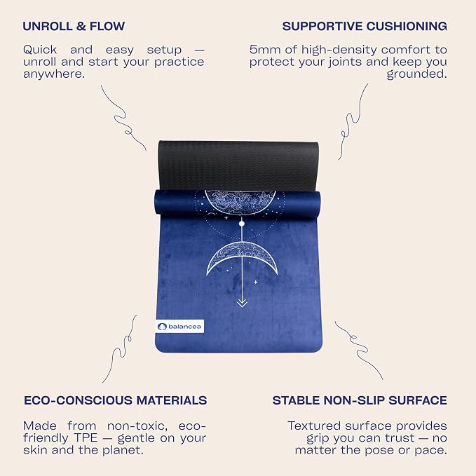 Yoga Mat With Strap 5mm Non Slip Suede & TPE - Eco-Friendly Fitness & Exercise Mat for Home Gym, Pilates, Hot Yoga, and Meditation - Lightweight Durable 72 x 24 inch Workout Mat for Women, Men
