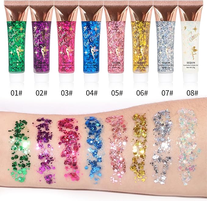 8 Color Body Glitter Silver Face Hair Self Adhesive Gel Festival Accessories Cosmetic Glitter Long Lasting Chunky Sequins Glitters for Eye Lip Nails Gel Festival Rave 23g