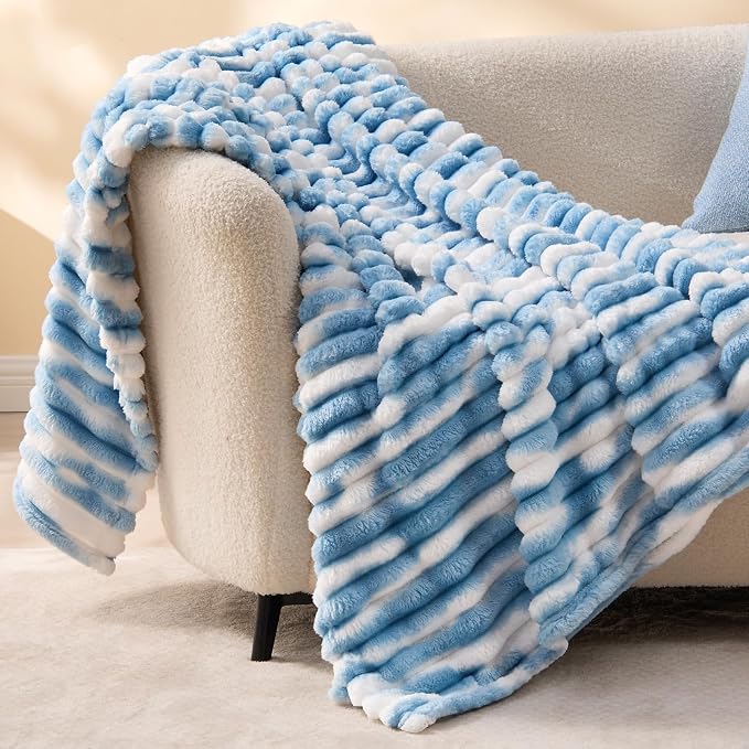BEDELITE Striped Fleece Throw Blanket, Blue&White, 50"x60" | 300GSM Microfiber Fleece, Soft Cozy, Lightweight Warm, Double-Sided Plush, Machine Washable, Gift, Room Decor, for Couch Sofa