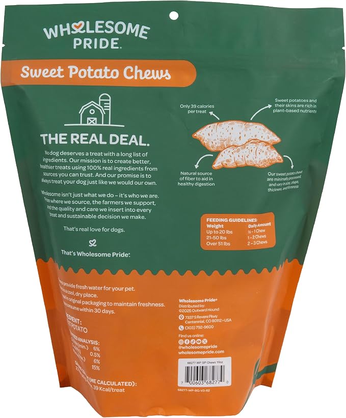 Wholesome Pride Sweet Potato Chews Healthy Dog Treats, 1 Ingredient, 16 oz | No Preservatives, 100% Sweet Potato, Gently Dehydrated, Supports Digestion, No Grain or Gluten, Training & Snacking