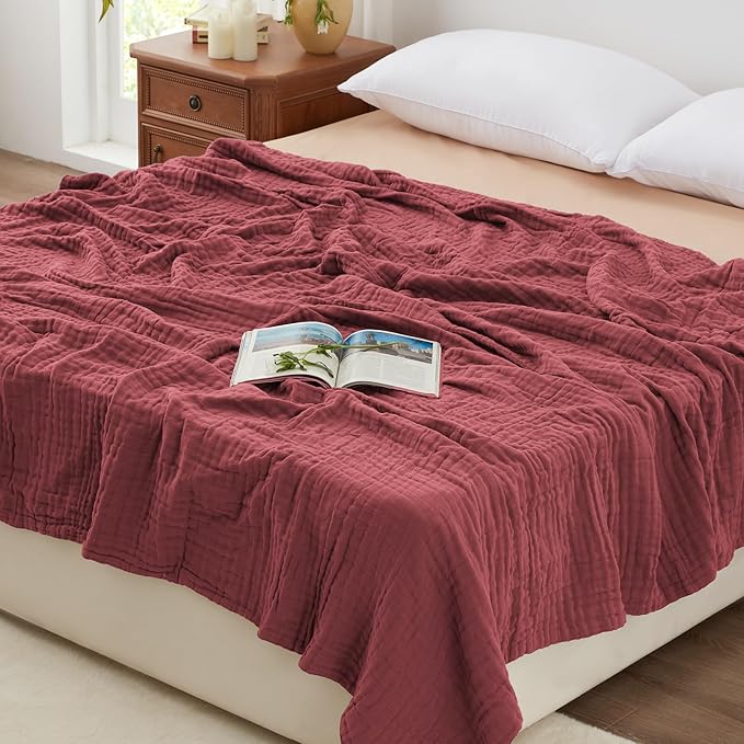Love's cabin 100% Cotton Muslin Blanket, 6 Layer Lightweight Breathable Gauze Queen Size Blanket 90 x 90 Inches, Soft All Season Blanket for Bed, Wine Red