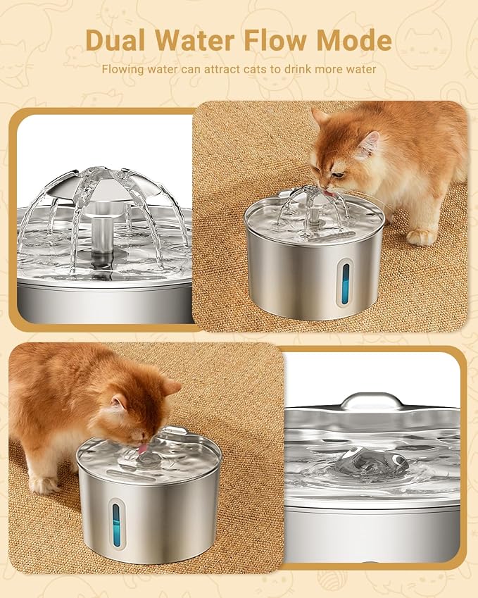 Cat Water Fountain Stainless Steel - 74oz/2.2L Automatic Large Pet Watering Bowl Dispenser for Indoor Dogs - Drinking Fountains with 3 Filter, Gifts for Cats and Kitty - Dog Waterer Bowls No Spill
