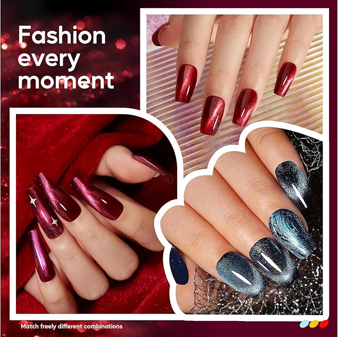 Morovan Magnetic Nail Polish Set：Cat Eye Glitter Red Green Purple Blue Nail Polish Kit Shimmer Quick Dry Nail Kit Bulk for Women Nail Art Manicure Salon Gift Holiday Party
