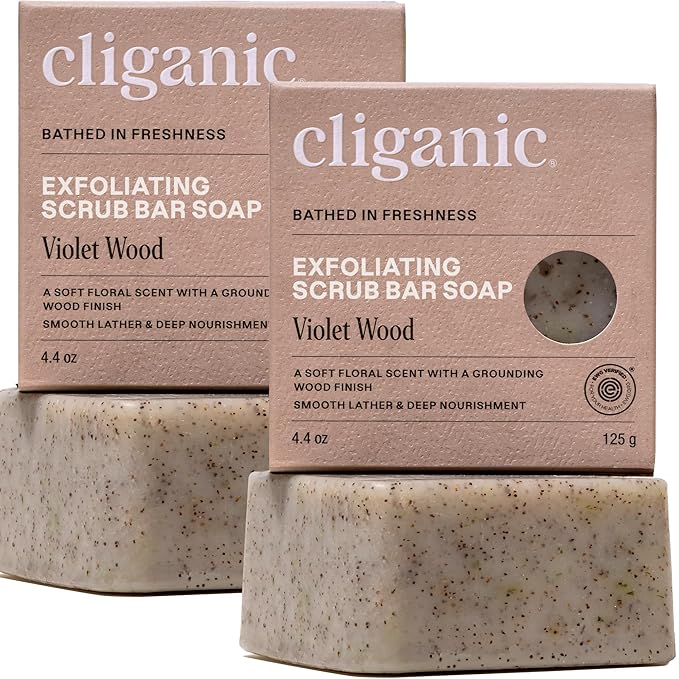 Cliganic Exfoliating Bar Soap – Body Scrub Soap For |Men & Women with 98% Natural Ingredients Cleanses, Smooths & Revitalizes Skin, Moisturizing Soap Bar - Violet Wood Scent (2 Pack)