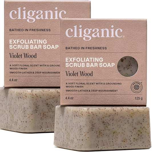 Cliganic Exfoliating Bar Soap – Body Scrub Soap For |Men & Women with 98% Natural Ingredients Cleanses, Smooths & Revitalizes Skin, Moisturizing Soap Bar - Violet Wood Scent (2 Pack)