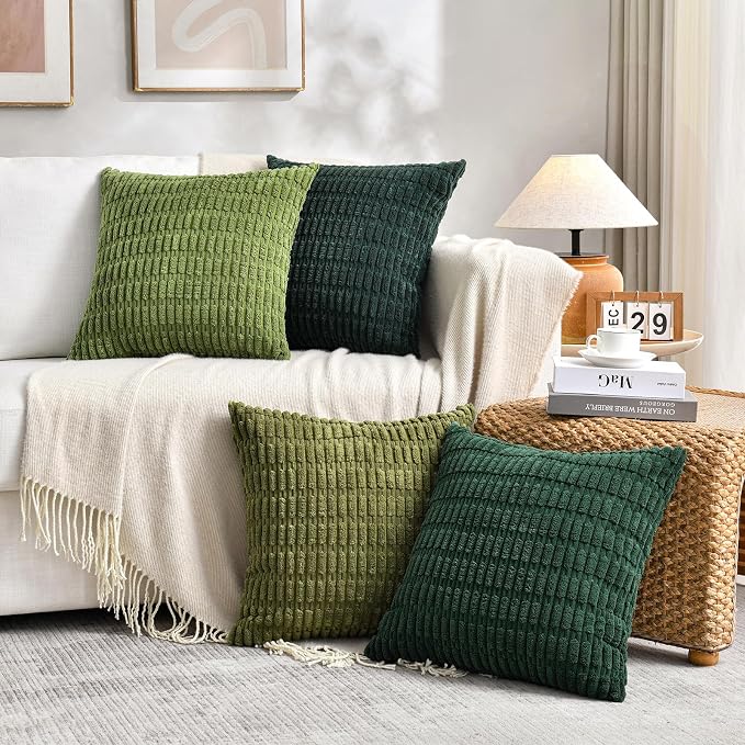 Fancy Homi Set of 4 Green Spring Decorative Throw Pillow Covers 12x12 Inch for Couch Bed Chair, Aesthetic Rustic Boho Room Decor, Soft Fuzzy Double Sided Thick Corduroy Textured Cushion Case 30cm