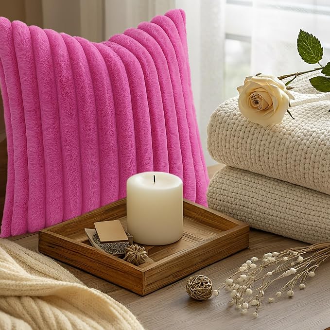 decorUhome Fall Faux Fur Throw Pillow Covers 18x18 Set of 2 Hot Pink | Decorative Soft Cozy Striped Plush Modern Farmhouse Boho Couch Pillow Cases Velvet Back for Sofa Bed Living Room Home Decor