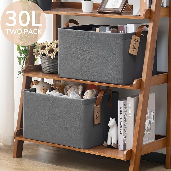 CHICVITA 30L Large Closet Storage Bins with Handles, 2-Pack, Grey | 16 ¾" L x 11" W x 9¾" H, Metal Frame, Clothes, Towels, Toys & Daily Essentials Storage, Closet & Shelves Organization
