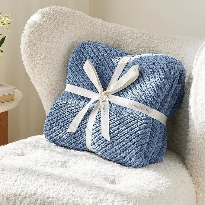 Knit Throw Blanket, Soft Chenille Cozy Breathable Chevron Chunky Decorative Blanket for Couch, Bed & Sofa, French-Inspired Lightweight Warm Gift for Women, Washed Blue, 50"x60"