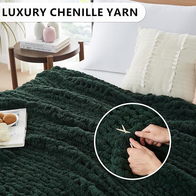 L'AGRATY Chunky Knit Throw Blanket for Couch, 50 x 60 Inches, Olive Green | Handmade Chenille Crochet Blanket for Sofa Bed, Thick Cable Knitted Blankets for Room Home Decor, Birthday Gift for Women Mom