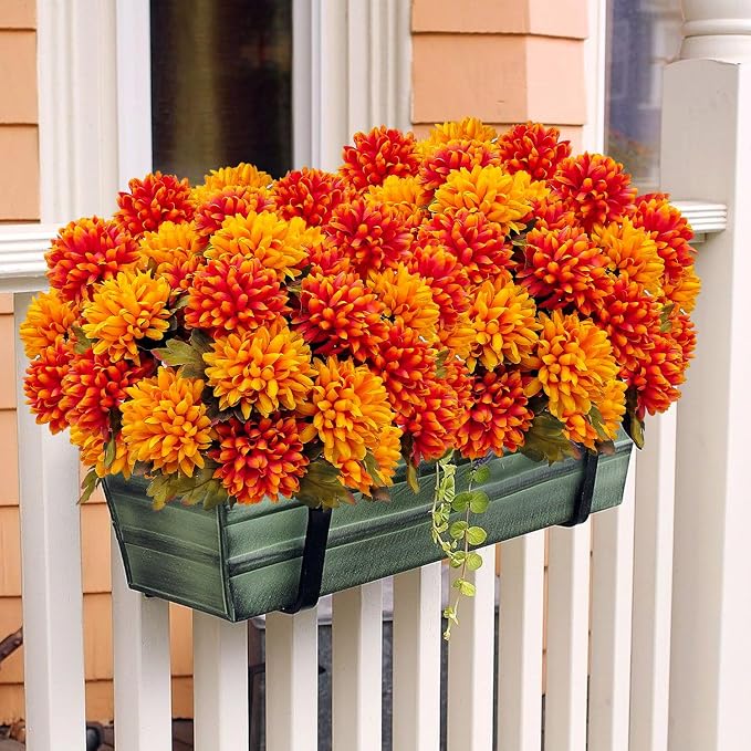 4 Bundles Large Artificial Fall Flowers Faux Mums for Outdoor Planters | Silk Fake Chrysanthemums Bouquet for Home Vase Outside Front Porch Table Floral Arrangement Wedding Autumn Decor