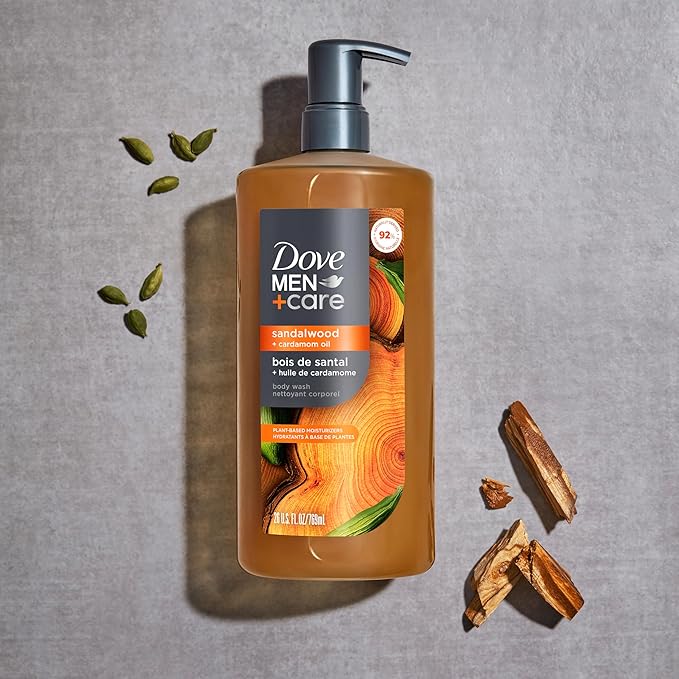 DOVE MEN + CARE Body Wash Sandalwood & Cardamom Oil Plant-Based Moisturizing Body Wash for Men, 26oz