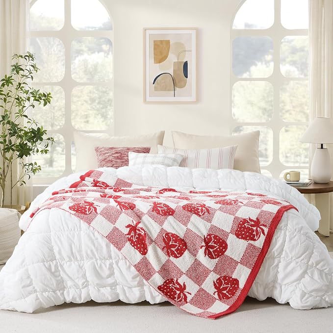Snuggle Sac Starwberry Throw Blanket for Couch, Microfiber Fluffy Warm Cozy Fuzzy Reversible Checkered Blankets for Sofa, Chair, Bed, 50x60 inches