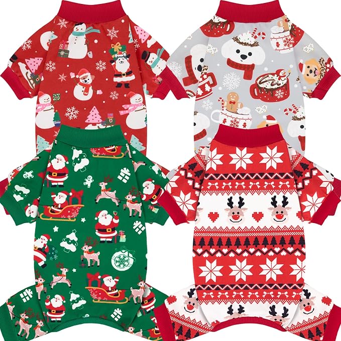 XPUDAC 4 Pack Christmas Dog Pajamas for Small Dogs Pet Clothes, M | Stretchy, Soft, Breathable, Sleepwear, Gentle on Skin, Warm, Dog Christmas Outfit, Shedding Suit, All Seasons, Holiday
