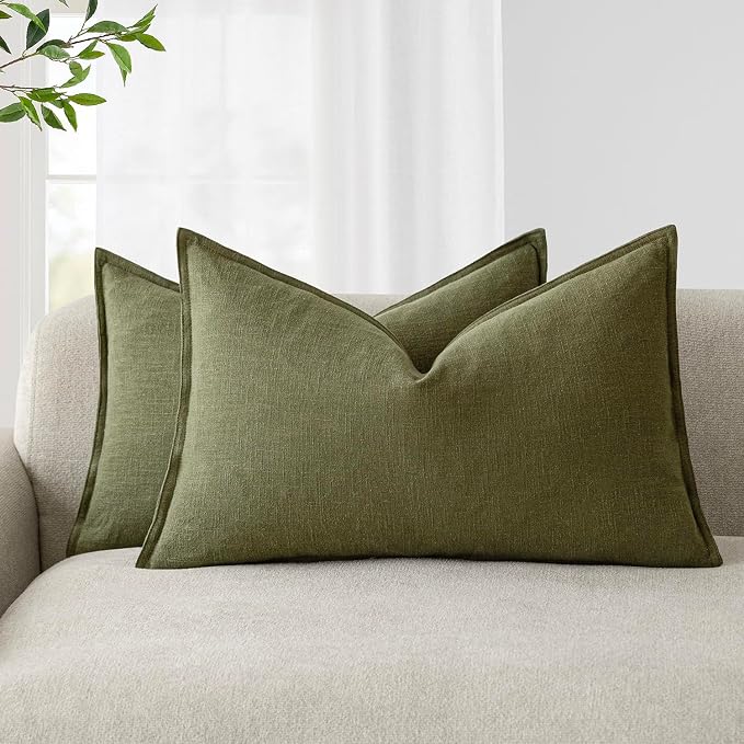 Foindtower Pack of 2, Decorative Linen Solid Throw Pillow Covers Soft Accent Lumbar Cushion Case Boho Farmhouse Pillowcase for Chair Couch Sofa Bedroom Living Room Home Decor 12 x 20 Inch Olive Green