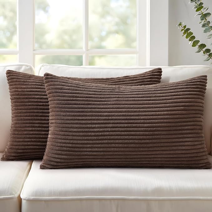 Mecatny Corduroy Fall Throw Pillow Covers 12x20 Set of 2 Chocolate | Soft Striped Texture, Hidden Zipper Design, Neutral Boho Lumbar Pillow Cases for Sofa Couch Living Room Bedroom, Home Décor