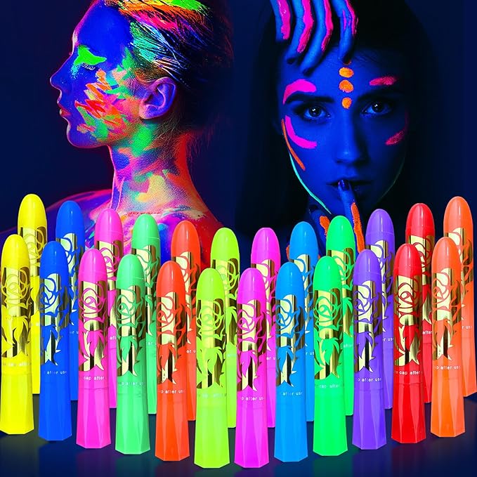 Glow in the Dark Face Body Painting, Glow Blacklight Face & Body Paint Makeup, Mardi Gras Halloween UV Crayon Kit Black Light Birthday Party Camouflage Party Supplies (24 color)