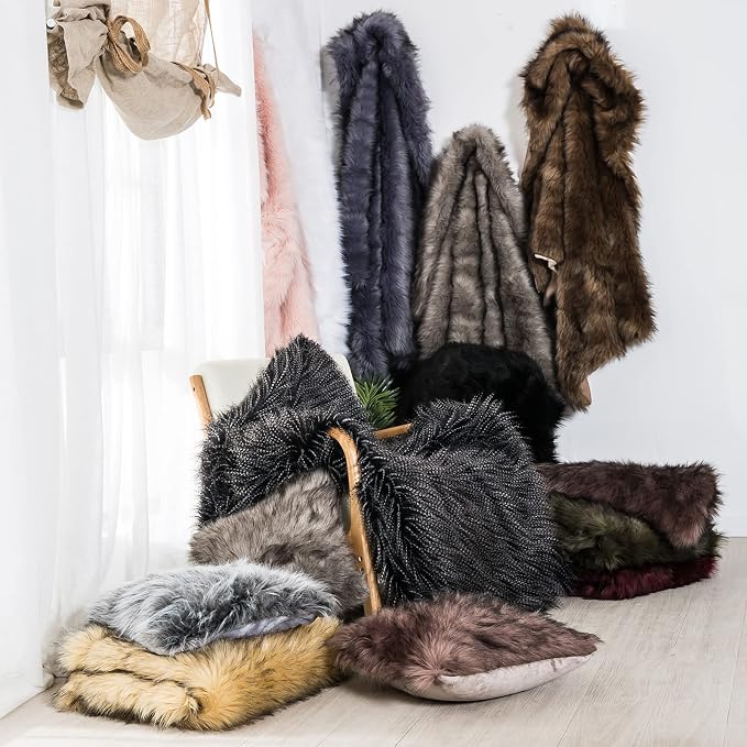 Luxury Faux Fur Blanket Queen Size, Ultra Big Grey and Black High Pile Mixed Faux Fur Throw, Oversized Super Warm, Fuzzy, Elegant, Fluffy Decoration Throw Blanket for Sofa, Couch and Bed, 90''x 90"