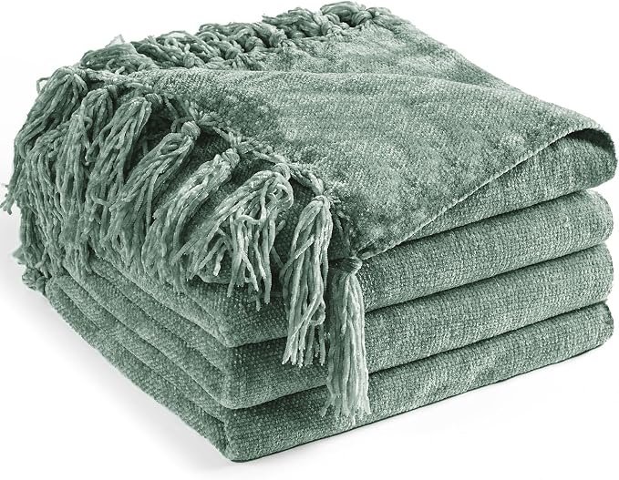 Chenille Throw Blanket for Couch 50" x 60", Sage Green | Soft Cozy Warm Throws with Fringe Tassel, for Living Room Bed Sofa Chair Cover, Lightweight Knitted Decorative Boho Blankets
