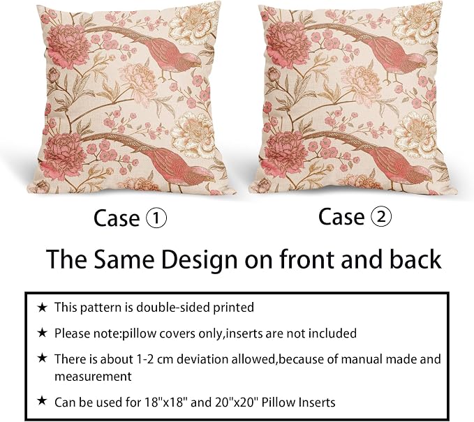 Flowers Birds Pillow Covers 16X16 Inch Set of 2 Pink White Roses Floral Leaf Decorative Pillow Cases Art Retro Gold Cotton Linen Cushion Case Vintage Home Decor for Sofa Couch Porch Outdoor