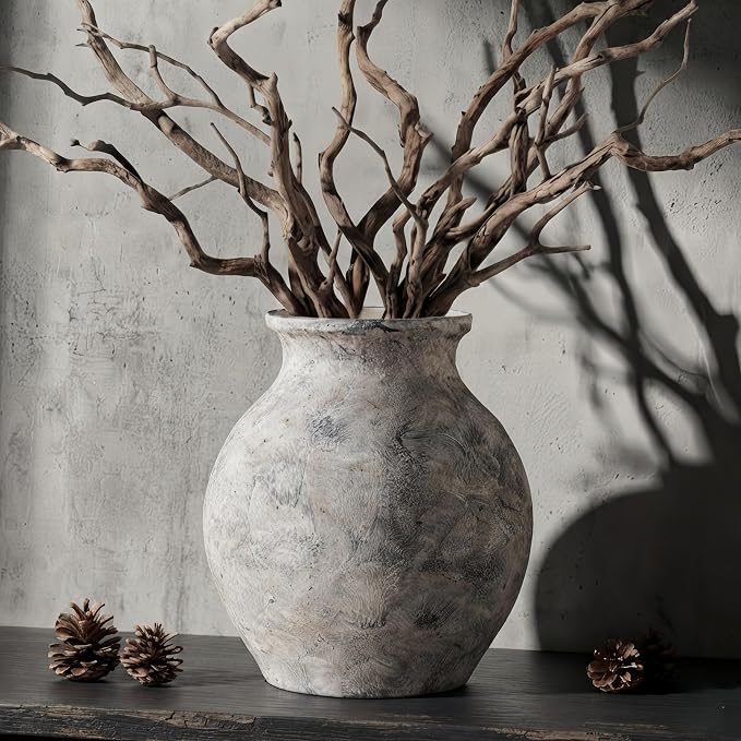 Lvases 10in XL White Ceramic Vase, Aged Stone Cement Mediterranean Vase | Rustic elegant finish with authentic limestone texture fits Tuscan farmhouse style as table decor living room home decoration