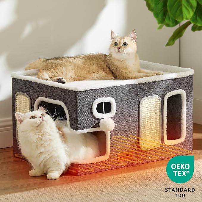 ZOMISIA Heated Cat House for Indoor Cats - Large Cat Warming Bed for Winter with Fluffy Ball Hanging and Adjustable Heating Pad, Foldable Cat Hideaway,23x16.5x13 inches, Green
