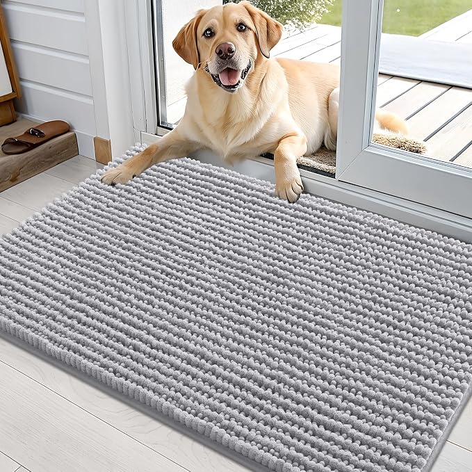OLANLY Dog Door Mat for Muddy Paws 36x24, Extra Absorbent Chenille Mud Mat | Light Grey, Absorbs Moisture and Dirt, Non-Slip Machine Washable Doormat, Quick-Drying Indoor Entryway Floor Mat for Dogs