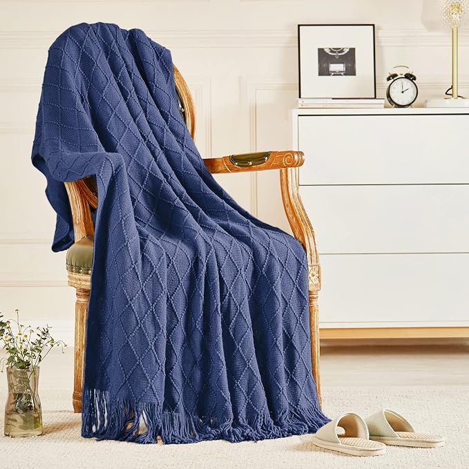 inhand Navy Blue Knitted Throw Blanket for Couch and Bed, 50"x60" | Soft Living Room Home Decor Knitted Blanket, Tassel, Outdoor Lightweight Breathable Summer, Farmhouse Warm Woven Decorative