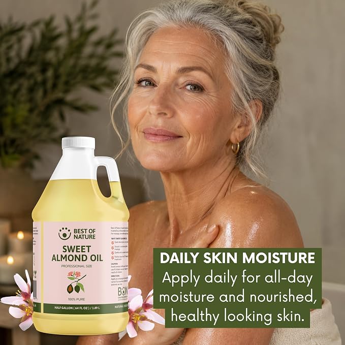 Best of Nature 100% Pure Sweet Almond Oil – Moisturizing Massage & Body Oil, Unscented for Hair, Skin, Face, Soap Making, Aromatherapy, Ideal Carrier for Essential Oils, 5 Gallon Pail (640 fl oz)