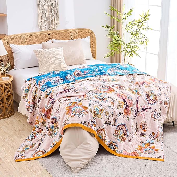 XIBLC Boho Throw Blanket for Bed, 100% Cotton Soft Rustic Quilt Fall Blanket, 80"x90" Floral Printed Farmhouse Decor Bed Blankets, All Season Rustic Reversible Bohemian Throw Quilt
