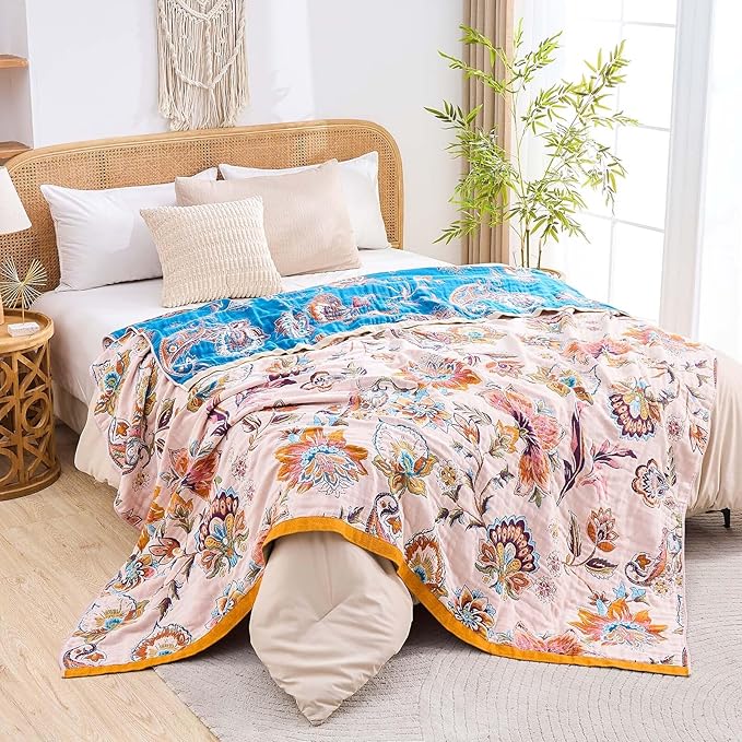 XIBLC Boho Throw Blanket for Bed, 100% Cotton Soft Rustic Quilt Fall Blanket, 50"x60" Floral Printed Farmhouse Decor Bed Blankets, All Season Rustic Reversible Bohemian Throw Quilt