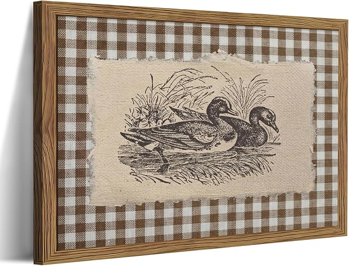 Vintage Duck Framed Wall Art – Retro Farmhouse Brown Gingham Duck Poster, Rustic Cottagecore Decor Canvas Print, Vintage Wall Decor for Living Room Bedroom Office Nursery 16x24 inch