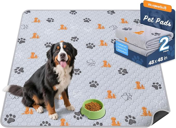 WanpeeGoo Washable Pee Pads for Dogs, Waterproof, 48 x 48 in, 2 Pack, Orng | Super Absorbent, Waterproof and Non-Slip; Washable, Reusable Dog Pads for Crates, Playpens, Floors, Furniture and Travel
